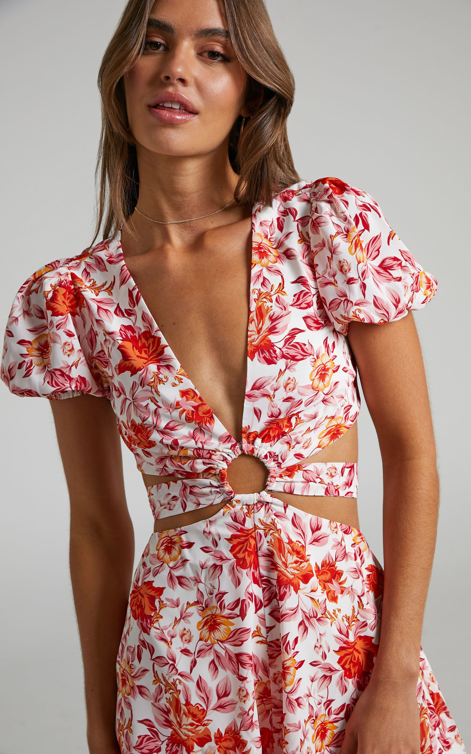 Wynna Side Cut Out Tie Back Puff Sleeve Playsuit in Pink Red Floral - 06, PNK1, super-hi-res image number null