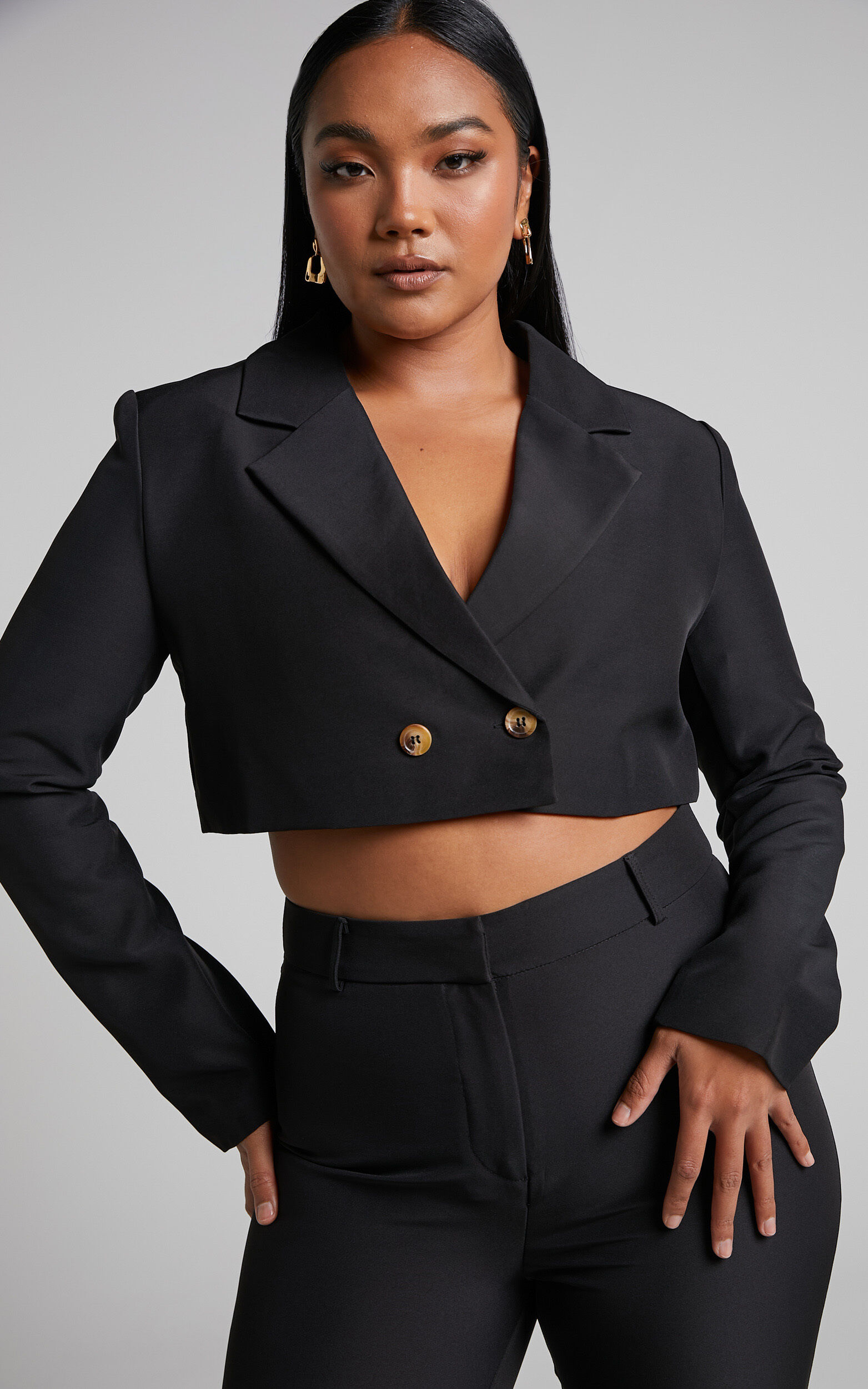 Lorena Cropped Double Breasted Blazer in Black - 04, BLK1, super-hi-res image number null