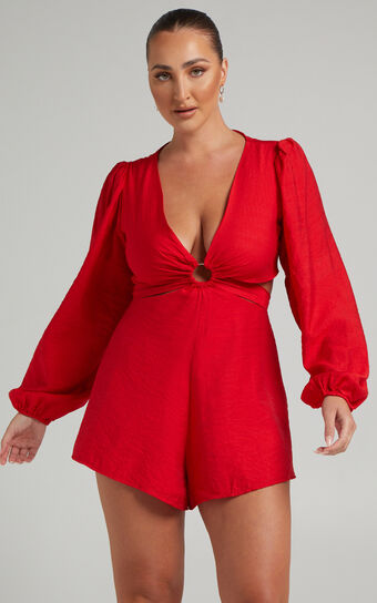 Primrose Cut Out Tie Back Long Sleeve Playsuit in Red