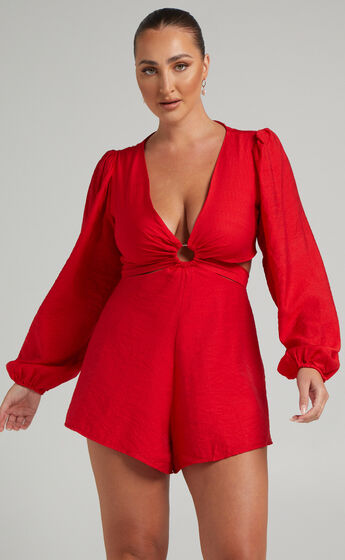 Primrose Cut Out Tie Back Long Sleeve Playsuit in Red
