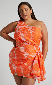 Brailey One Shoulder Wrap Front Mini Dress in Orange Jacquard