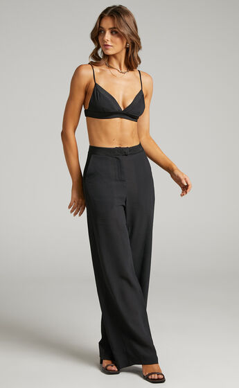 Browielyn Contrast Satin Tailored Wide Leg Pant in Black