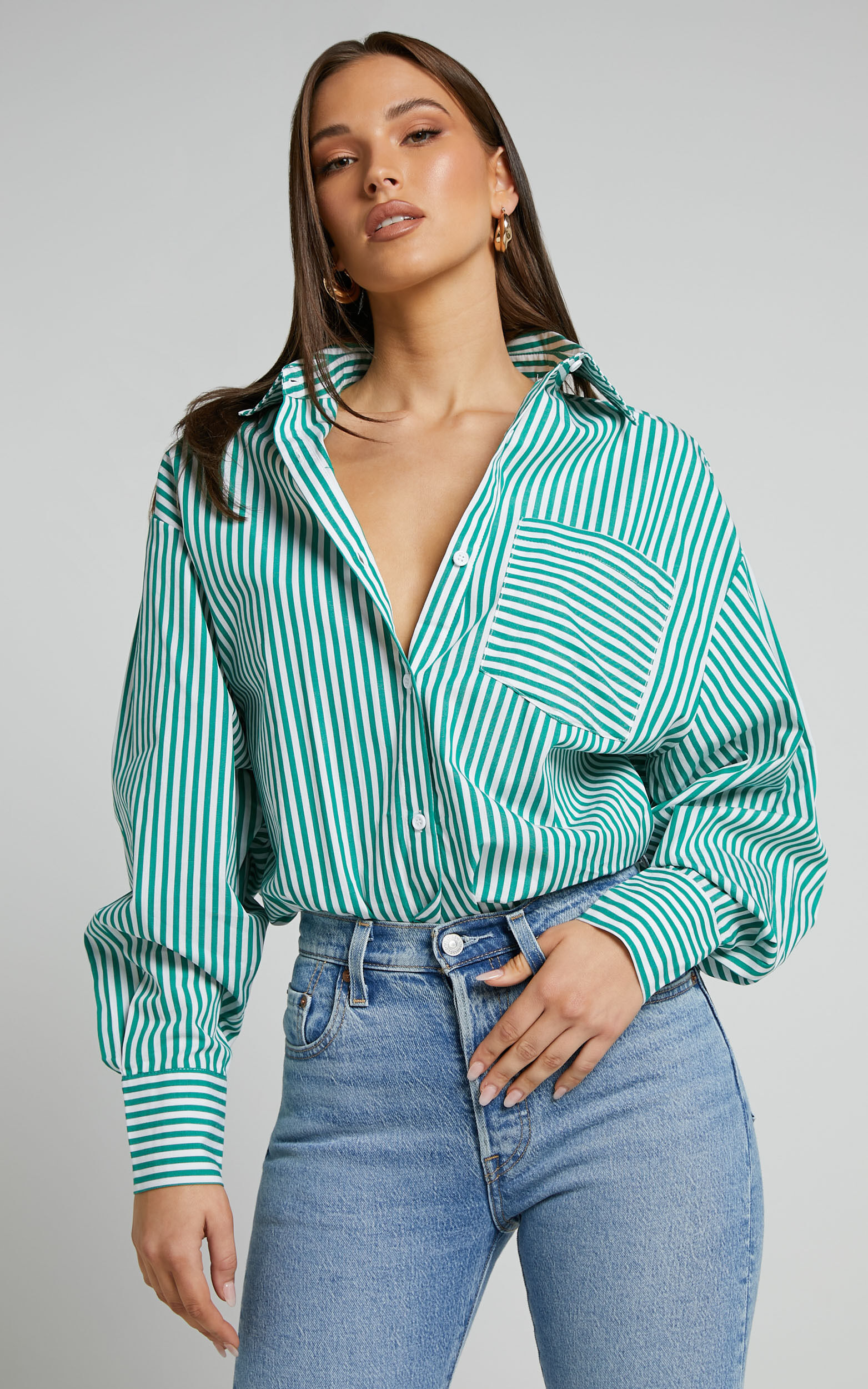 Jaycey Shirt - Long Sleeve Pocket Detail Shirt in Green Stripe | Showpo