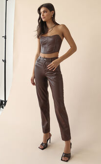 Dilyenne High Waist Straight Leg Pants in Chocolate Leatherette