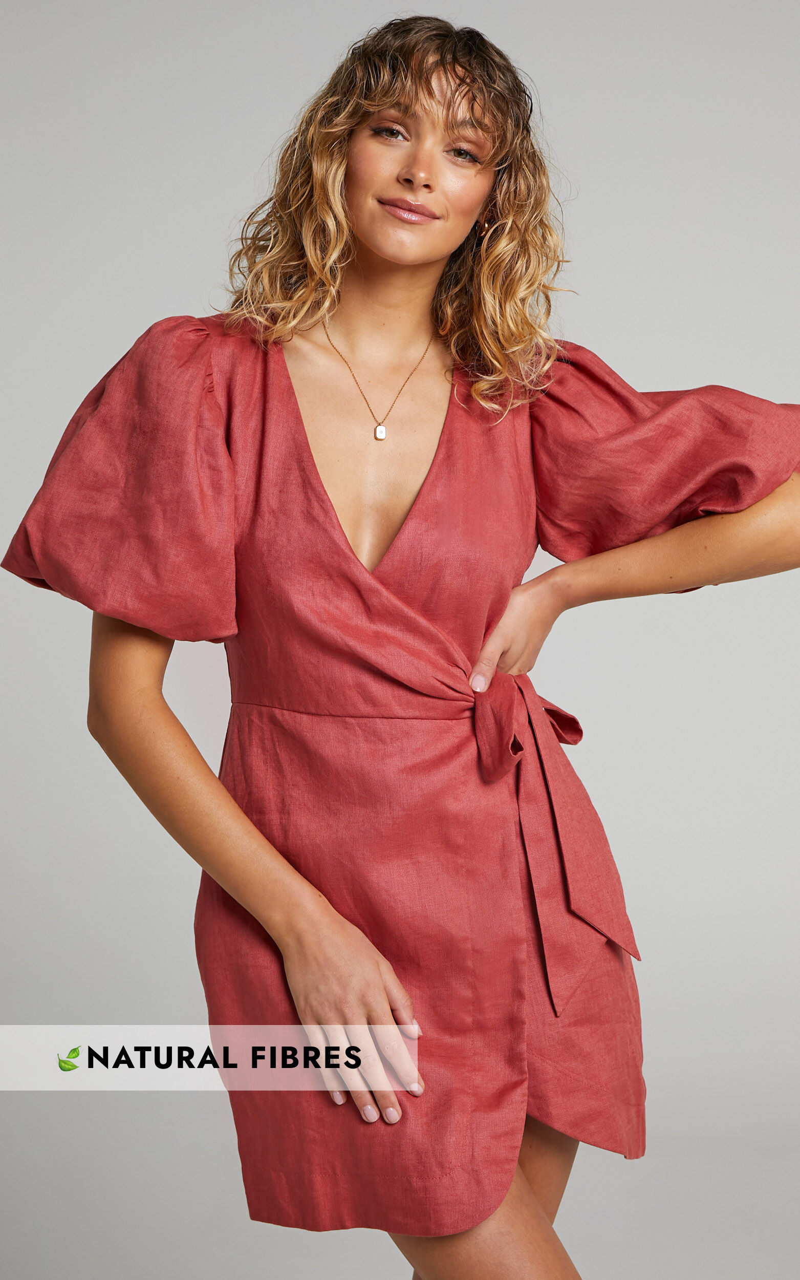 Amalie The Label - Apolline Linen Puff Sleeve Wrap Mini Dress in Dusty Rose - 06, PNK1, super-hi-res image number null