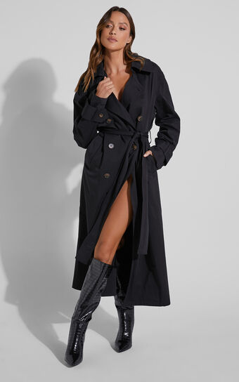 Avah Trench Coat - Double Breasted Tie Waist Coat in Black