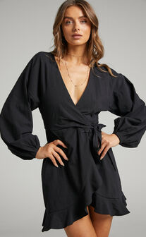 Francoise Long Sleeve Wrap Mini Dress in Black