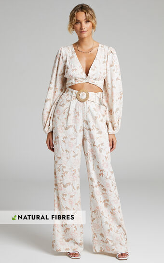 Amalie The Label - Clarette Cotton Belted High Rise Wide Leg Pant in Pink Linear Floral