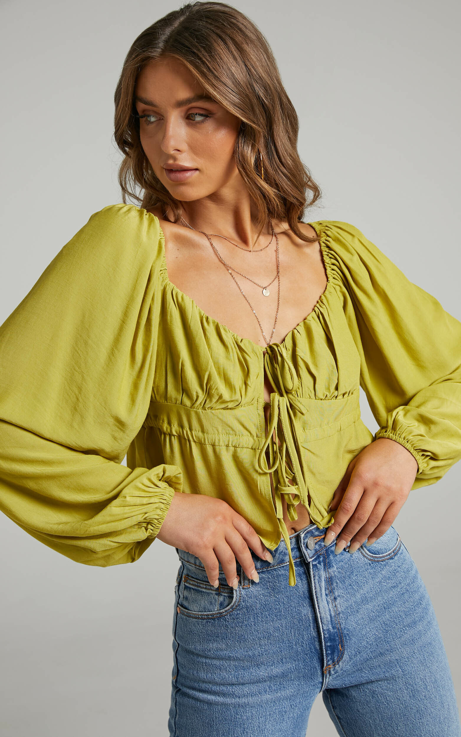 Nadine Long Sleeve Top with Ruched Bust in Chartreuse - 06, GRN3, super-hi-res image number null