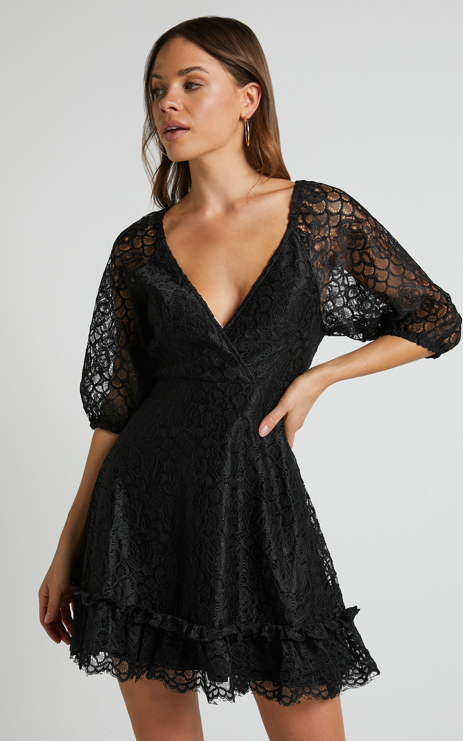 lhind puff sleeve lace mini dress in Black | Showpo