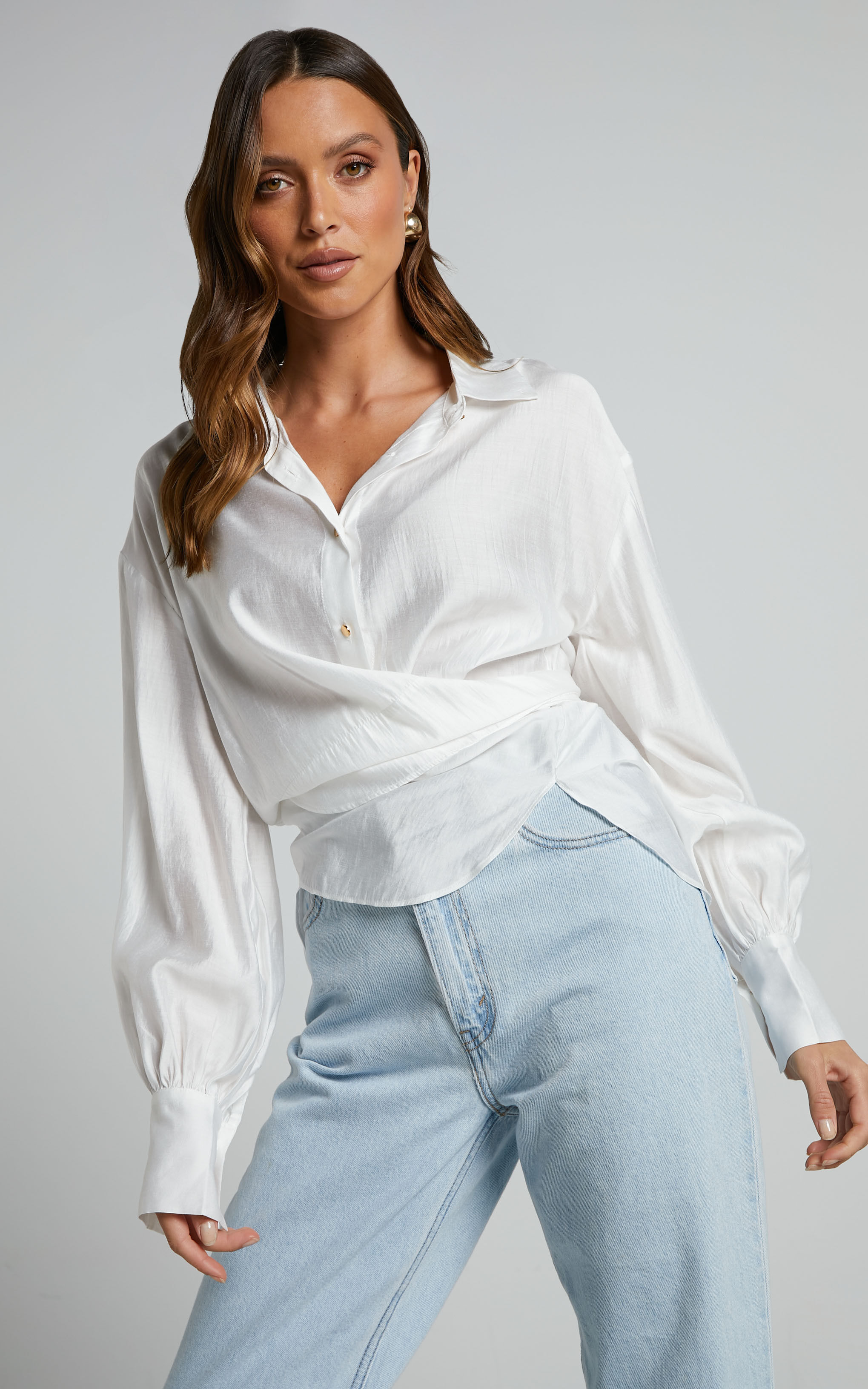 Ehrna Twist Front Collared Long Sleeve Shirt in White - 04, WHT3, super-hi-res image number null