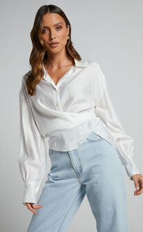 Ehrna Twist Front Collared Long Sleeve Shirt in White