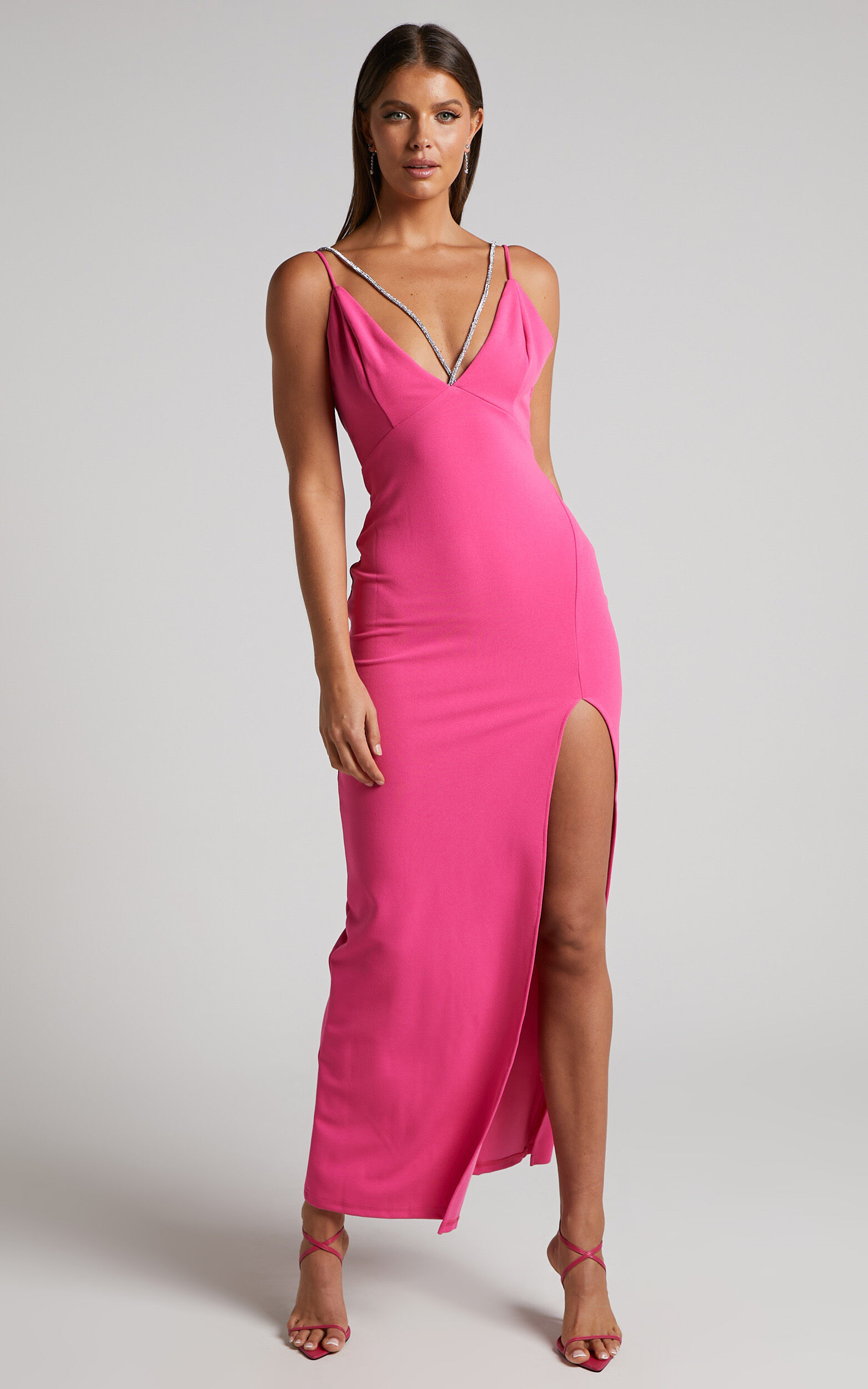 Charity Midi Dress - Diamante Strap Detail Plunge Dress in Hot Pink - 04, PNK1