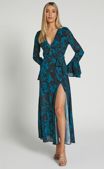 Teherra Midi Dress - Ruffle Long Sleeve Dress in Jewel Blur