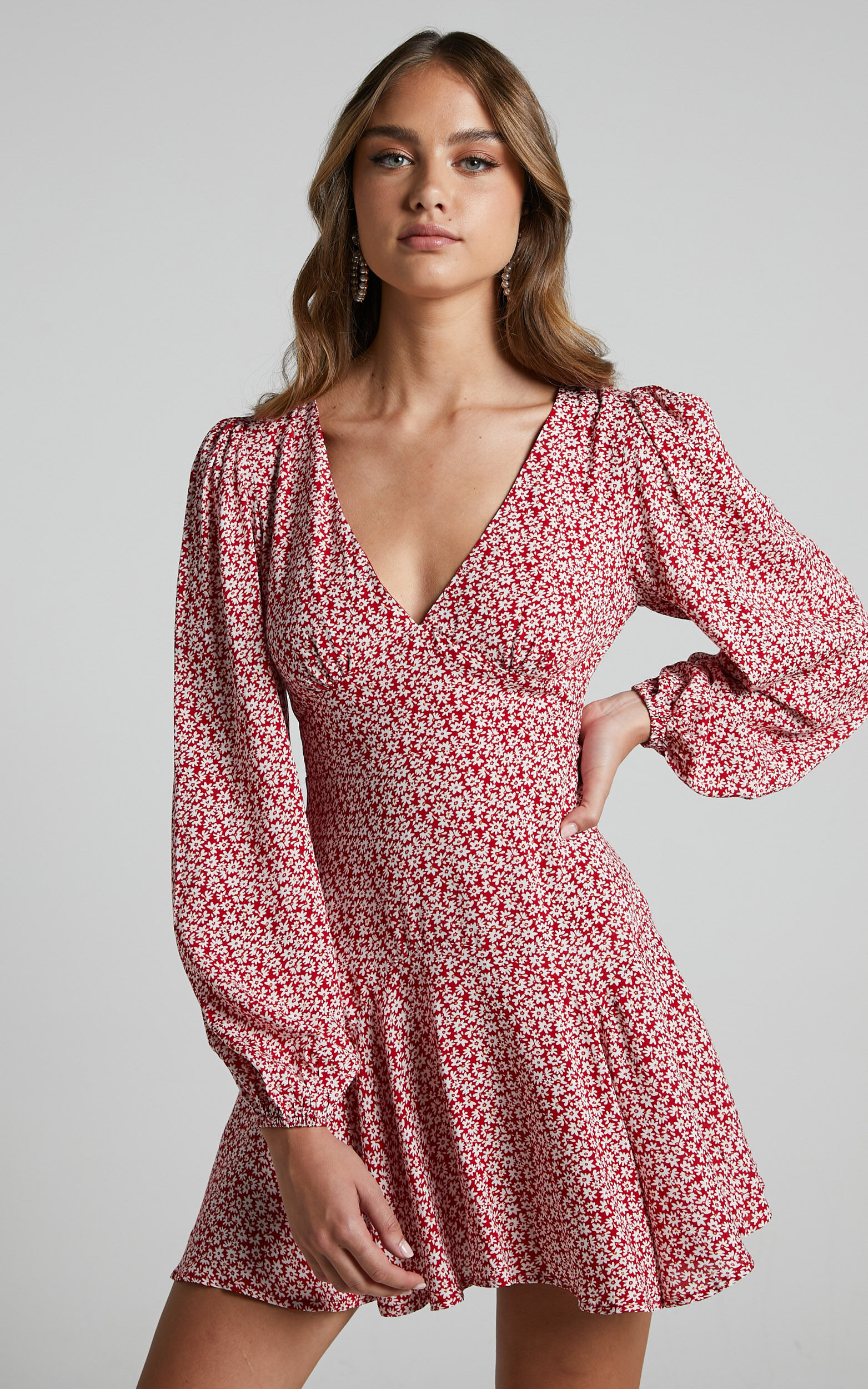 Riecha Long Sleeve Mini Dress in Red Ditsy Floral - 04, RED1, super-hi-res image number null