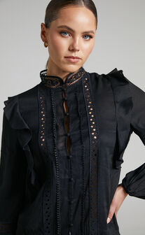 Rosalina Long Sleeve Broderie Lace Blouse in Black