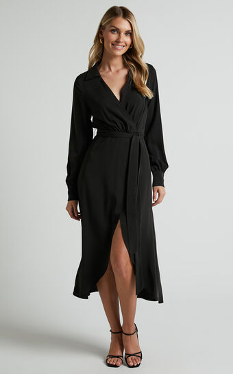 Nalysha Midi Dress - Long Sleeve Wrap Dress in Black