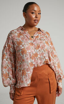 Amalie The Label - Azariah Linen Look Balloon Sleeve Button Up Shirt in Wildflower Floral