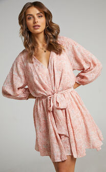 Raven Long Sleeve Mini Dress with Belt in Pink Floral