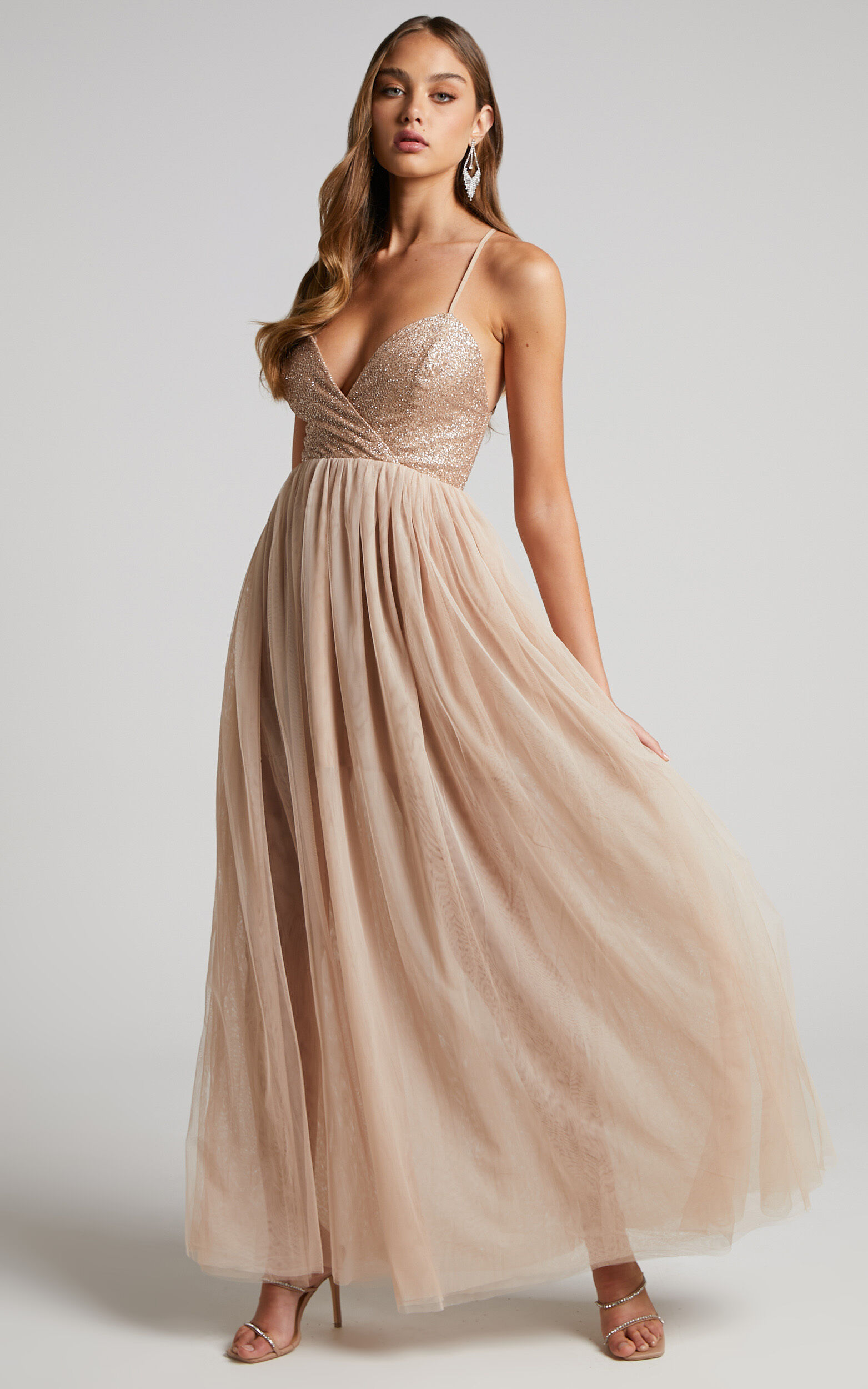 Deevey Maxi Dress - Open Back Glitter Bodice Tulle Dress in Nude - 04, BRN1, super-hi-res image number null