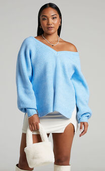 Lumina Oversized V Neck Sweater in Cornflower Blue
