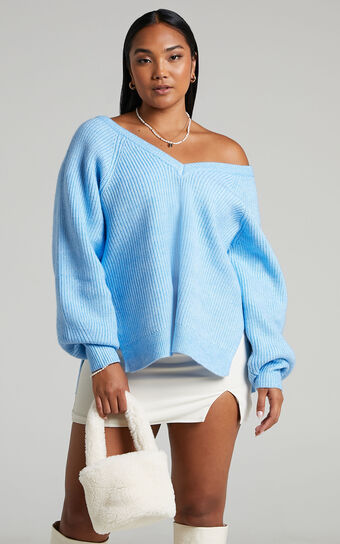 Lumina Sweater - Oversized V Neck Sweater in Cornflower Blue