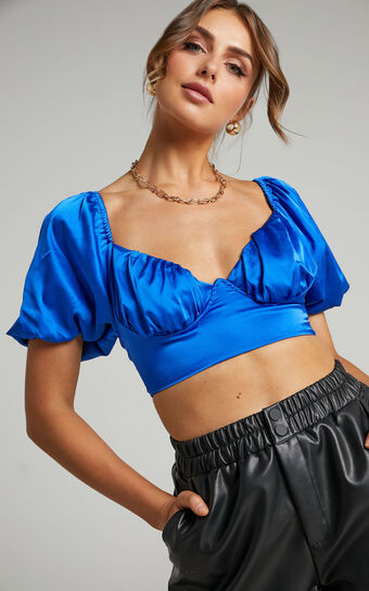 Joaquin Cropped Top with Underbust Wire and Puff Sleeves in Cobalt Satin