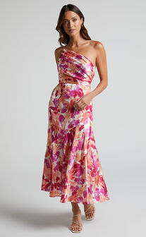 Alyssia Midaxi Dress - One Shoulder Ruched Satin Dress in Pink Floral