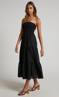Zoe Midi Dress - Strapless Shirred Bodice Tiered Dress in Black