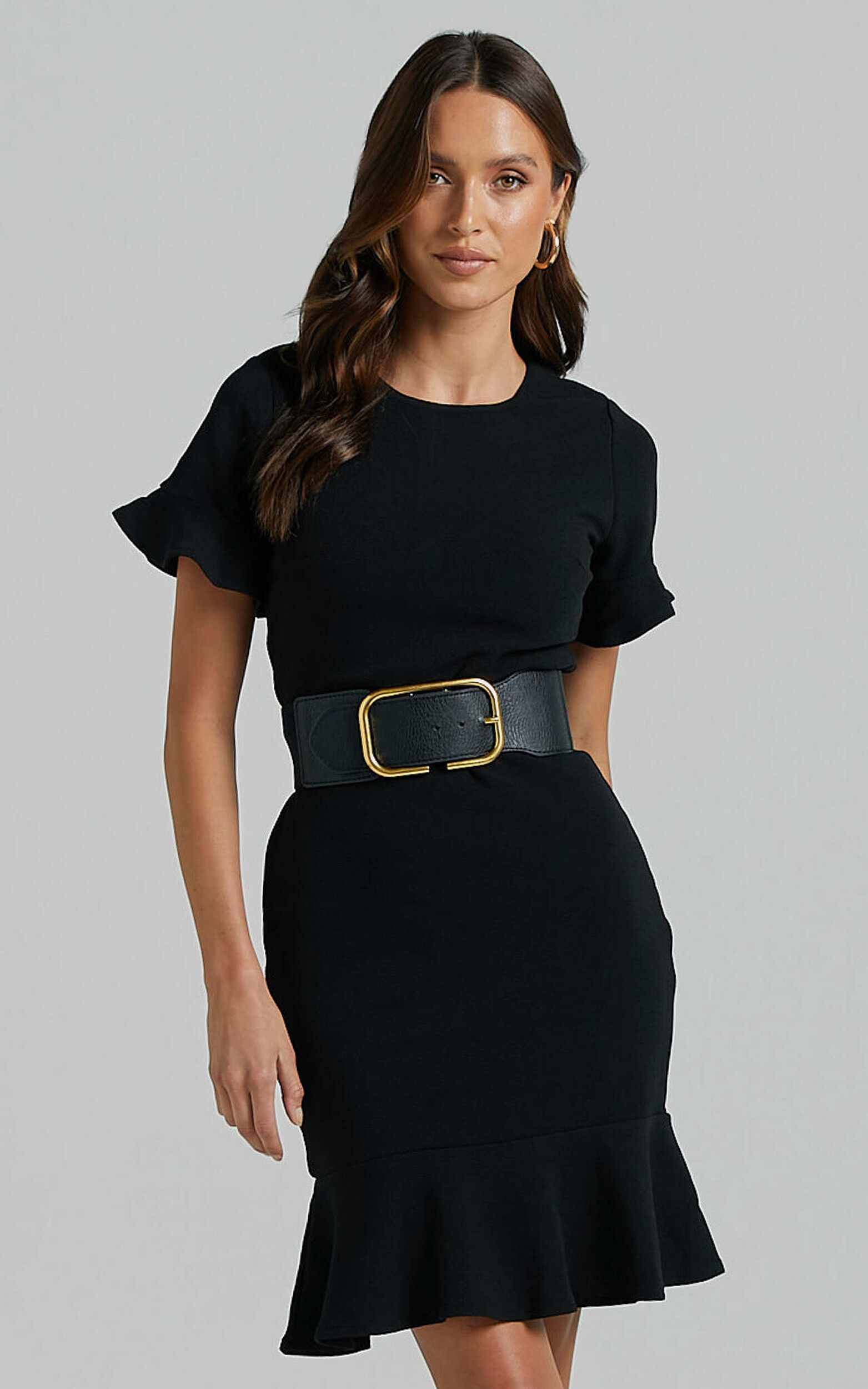 Authority Mini Dress - Peplum Scoop Neck Short Sleeve Frill Dress in Black - 06, BLK1