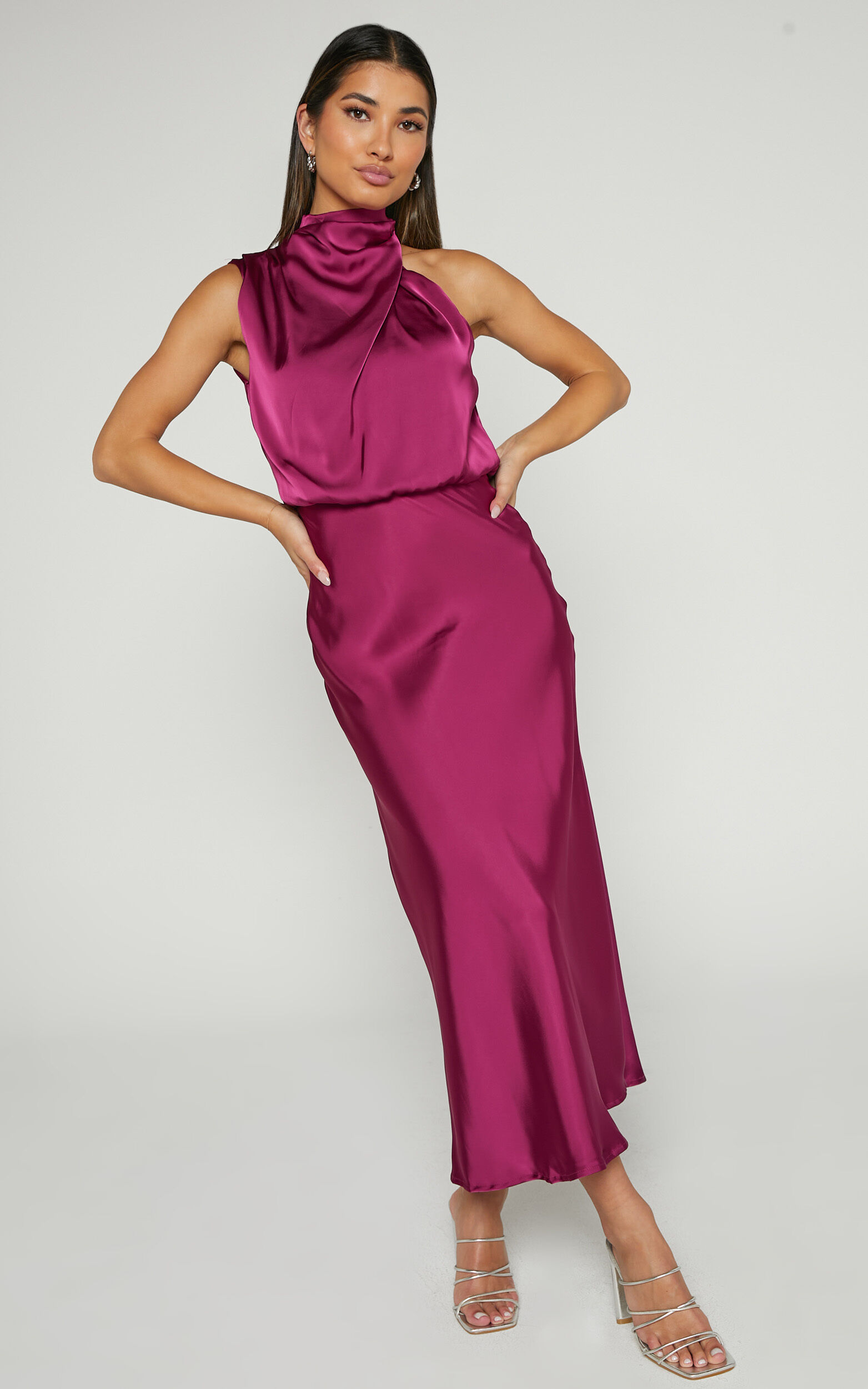 Minnie Midi Dress - Drape Neck Satin Slip Dress in Purple | Showpo