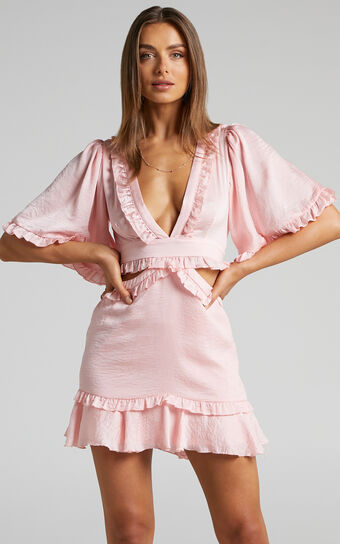 Maricris Open Back Bell Sleeve Frill Mini Dress in Dusty Pink