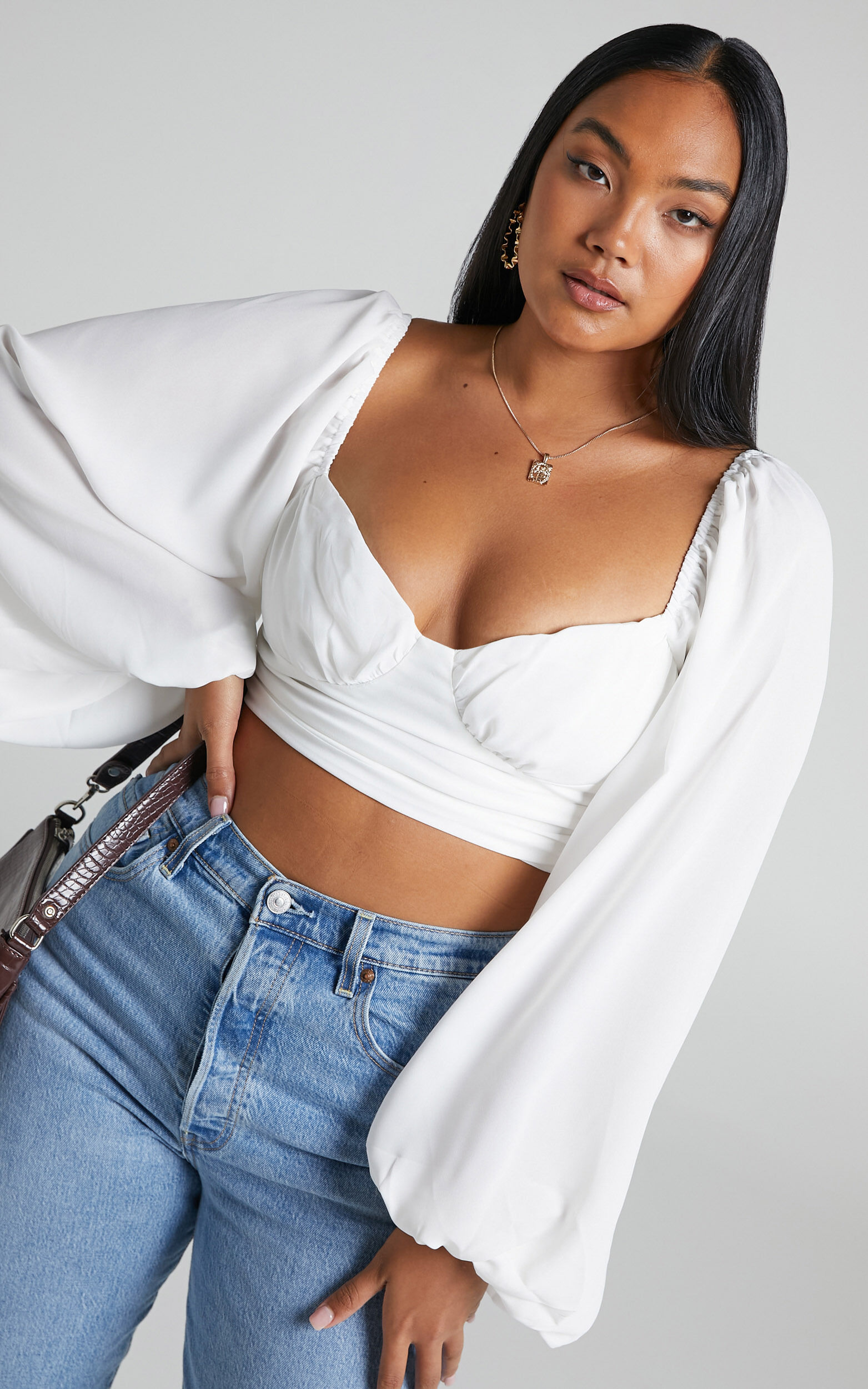 Follan Long Sleeve Shirred Back Bustier Crop Top in White - 04, WHT1, super-hi-res image number null