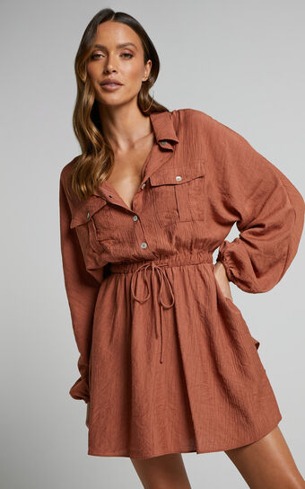 Cristine Mini Dress - Button Through Collared Long Sleeve A Line Dress in Rust