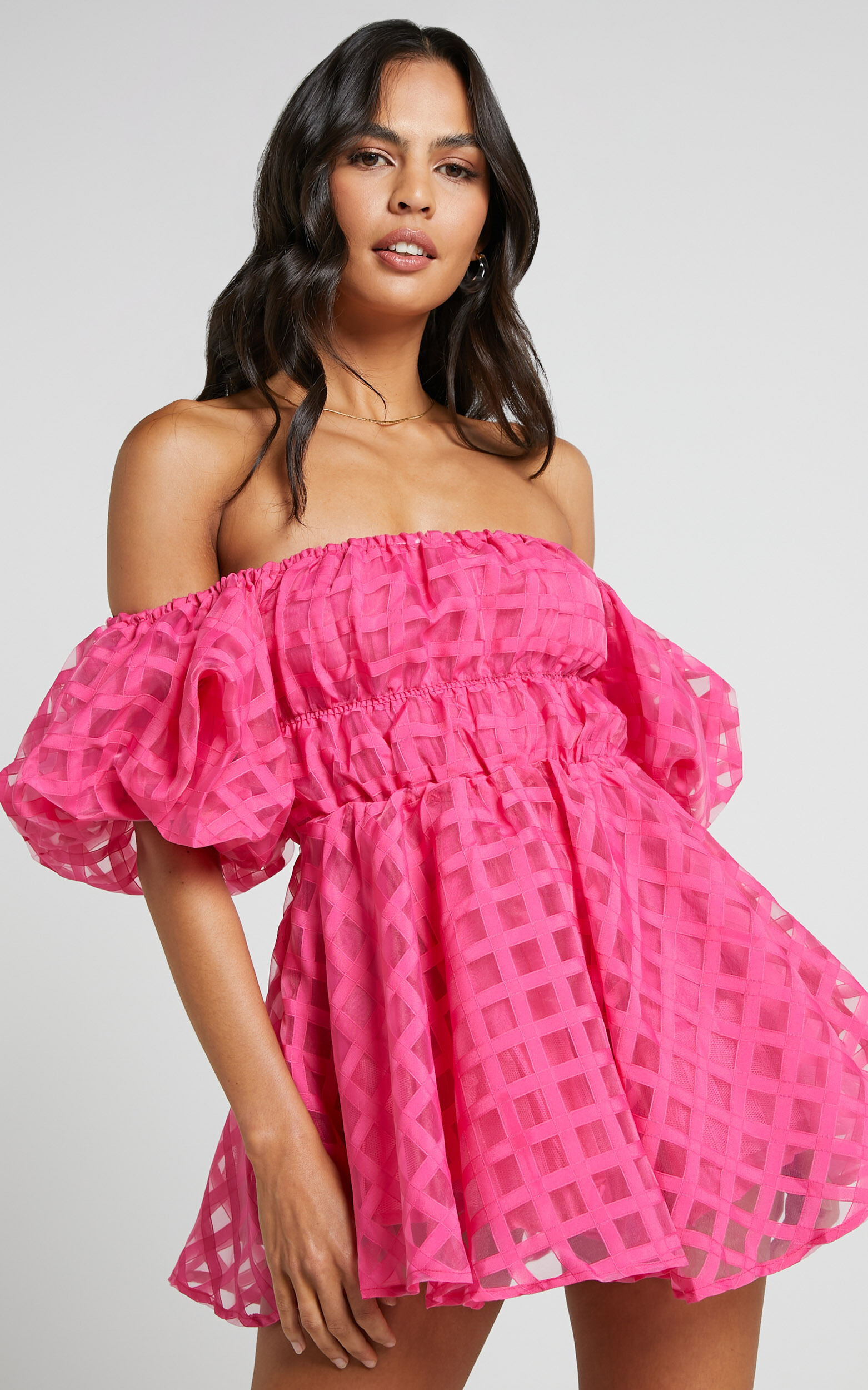Paloma Mini Dress - Off Shoulder Puff Sleeve Textured Net Dress in Hot Pink - 06, PNK1, super-hi-res image number null