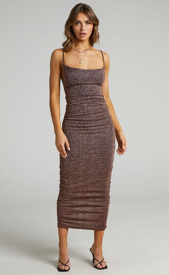 Roma Ruched Cowl Neck Midi Dress in Chocolate Lurex