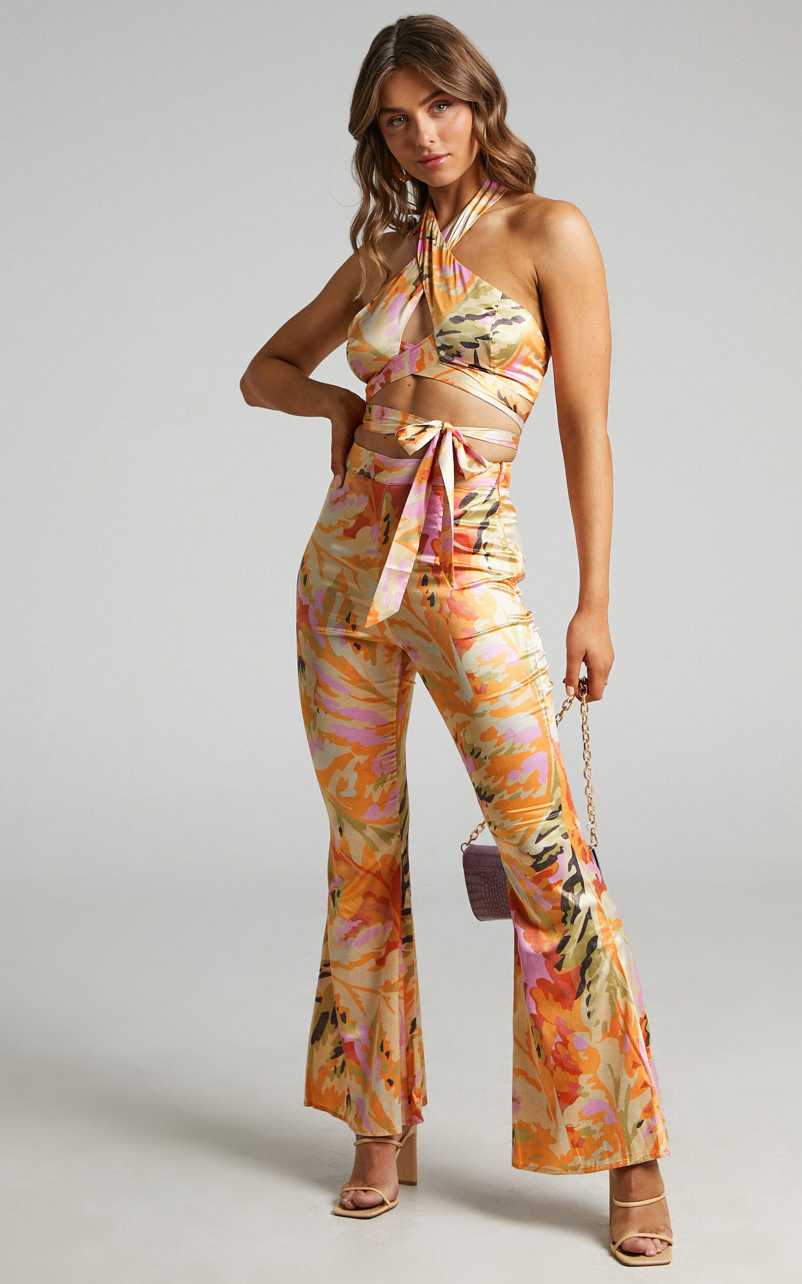 Romaine Halter Neck Two Piece Pant Set in abstract palm - 06, PNK1, super-hi-res image number null