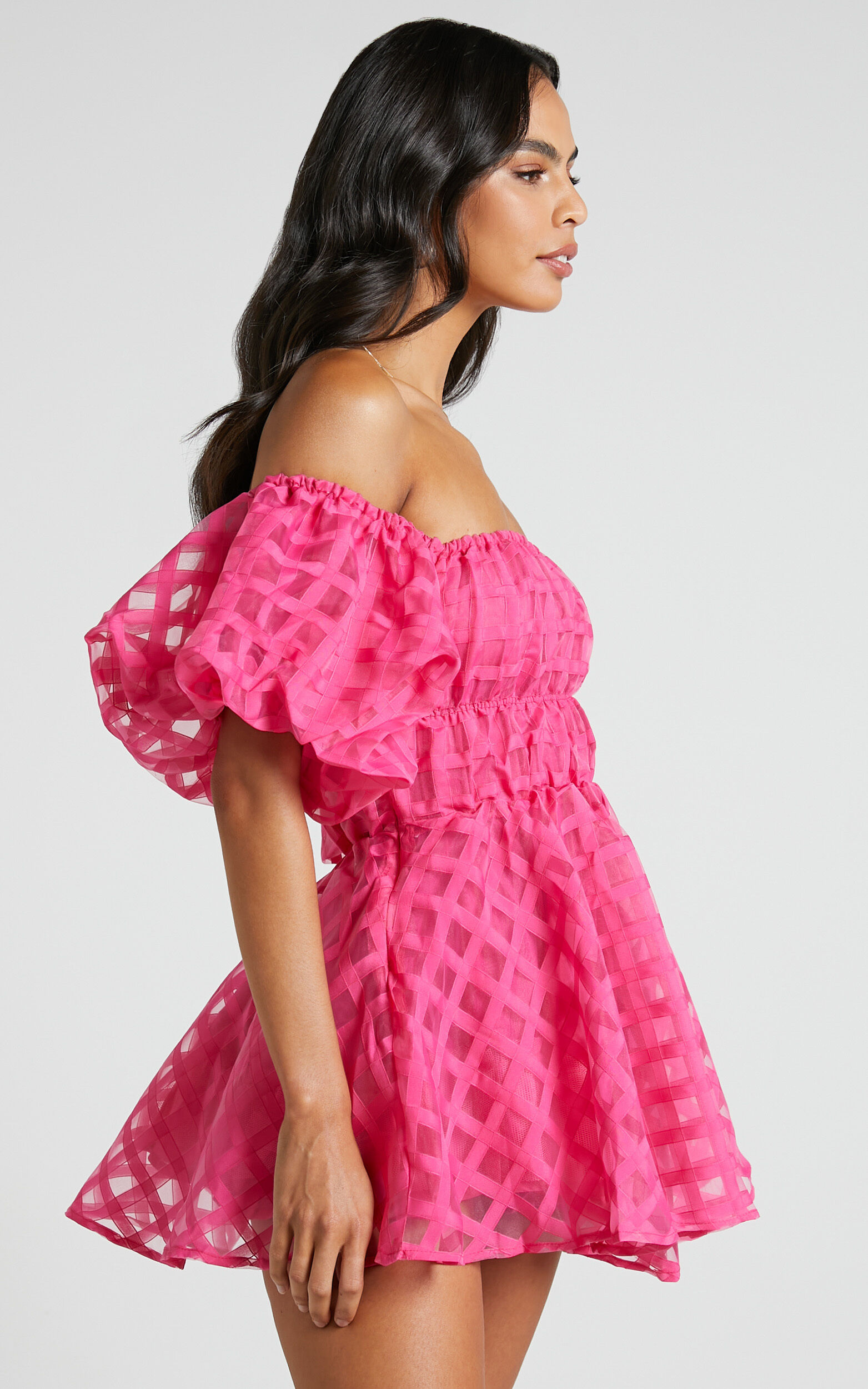 Paloma Mini Dress - Off Shoulder Puff Sleeve Textured Net Dress in Hot ...