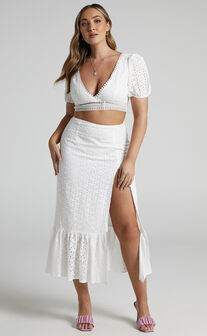 Danitza Broderie Open Back Puff Sleeve Crop Top and High Split Midi Skirt Two Piece Set in White
