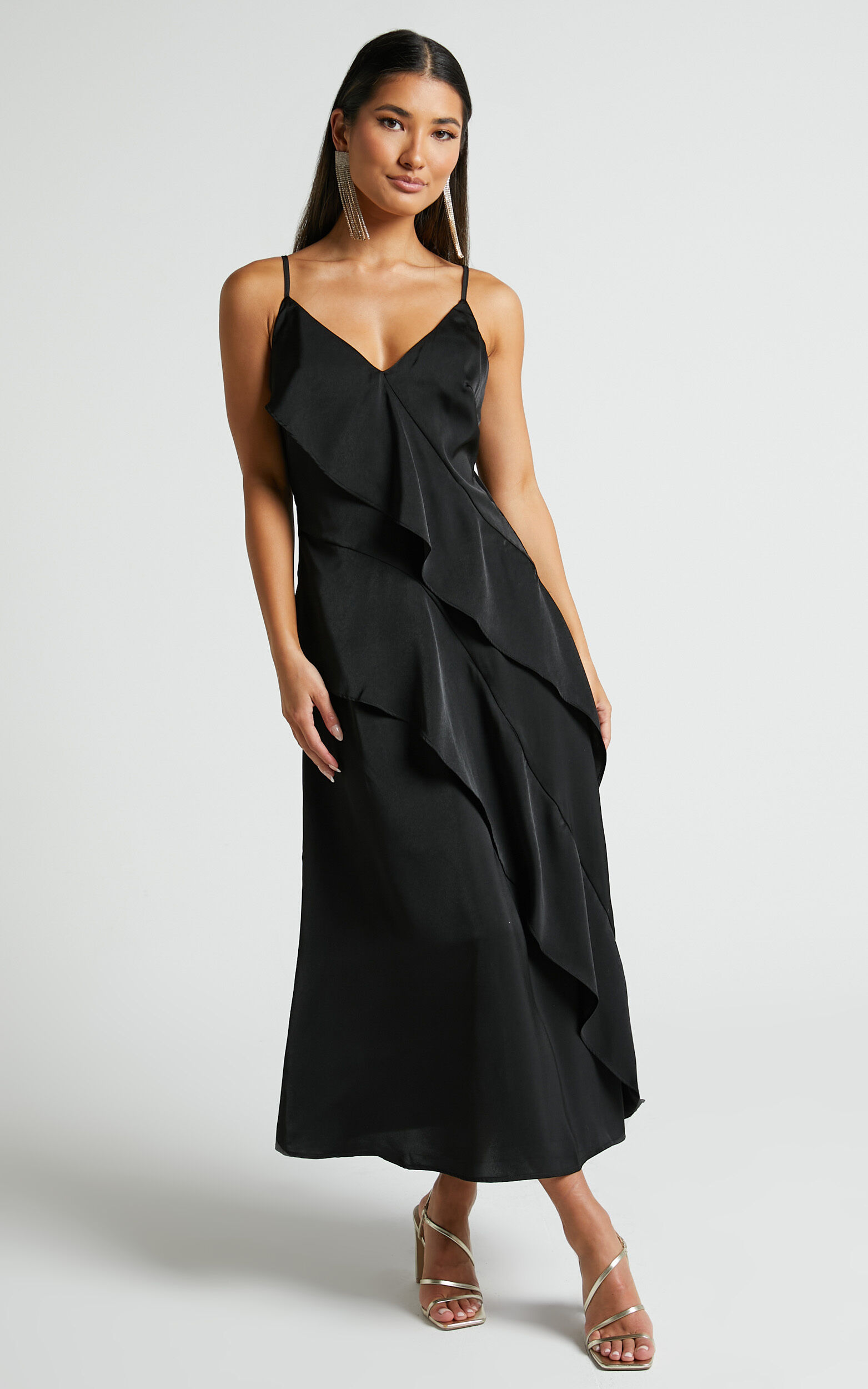 Eileen Midi Dress - V Neck Soft Ruffle Tiered Satin Dress in Black - 06, BLK1