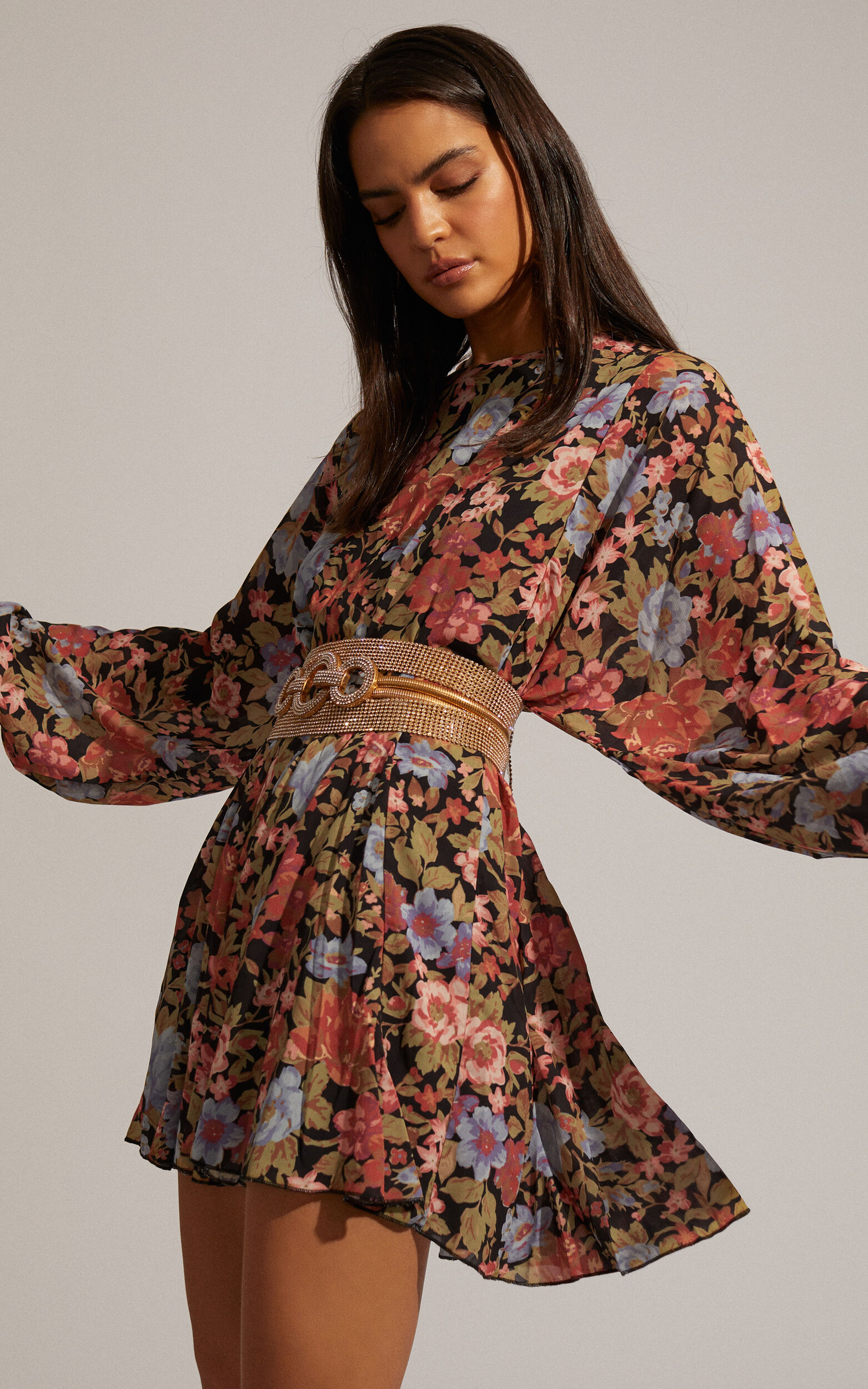 Henny Tie Front Longsleeve Mini Dress in Dusk Floral Print | Showpo USA