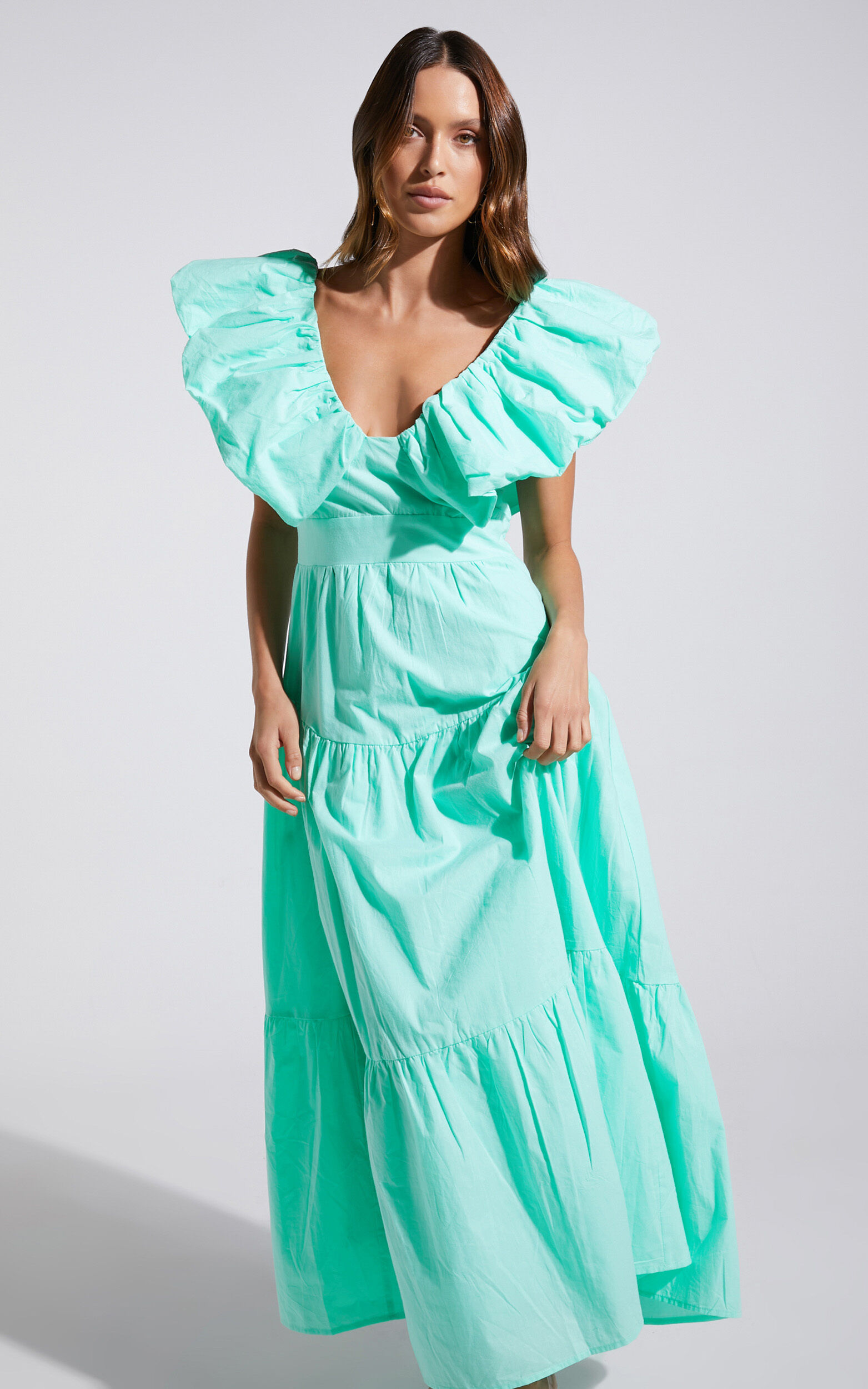 Laurah Ruffle V Neck Tiered Midi Dress in Mint - 06, GRN1, super-hi-res image number null