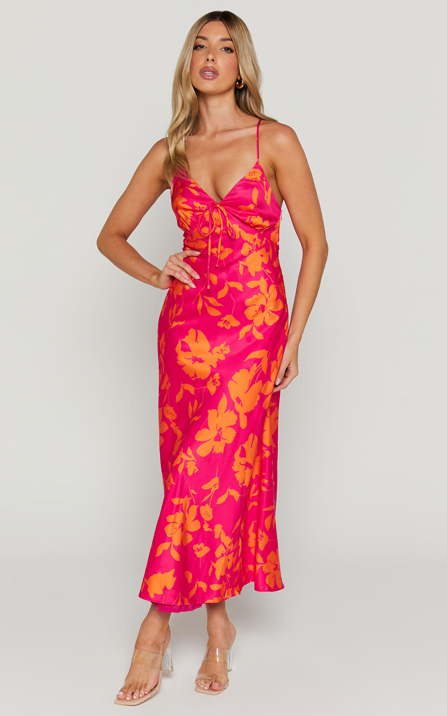 Marvey Midaxi Dress - Wide V Neck Sleeveless Dress in Pink & Orange Floral - 06, PNK1
