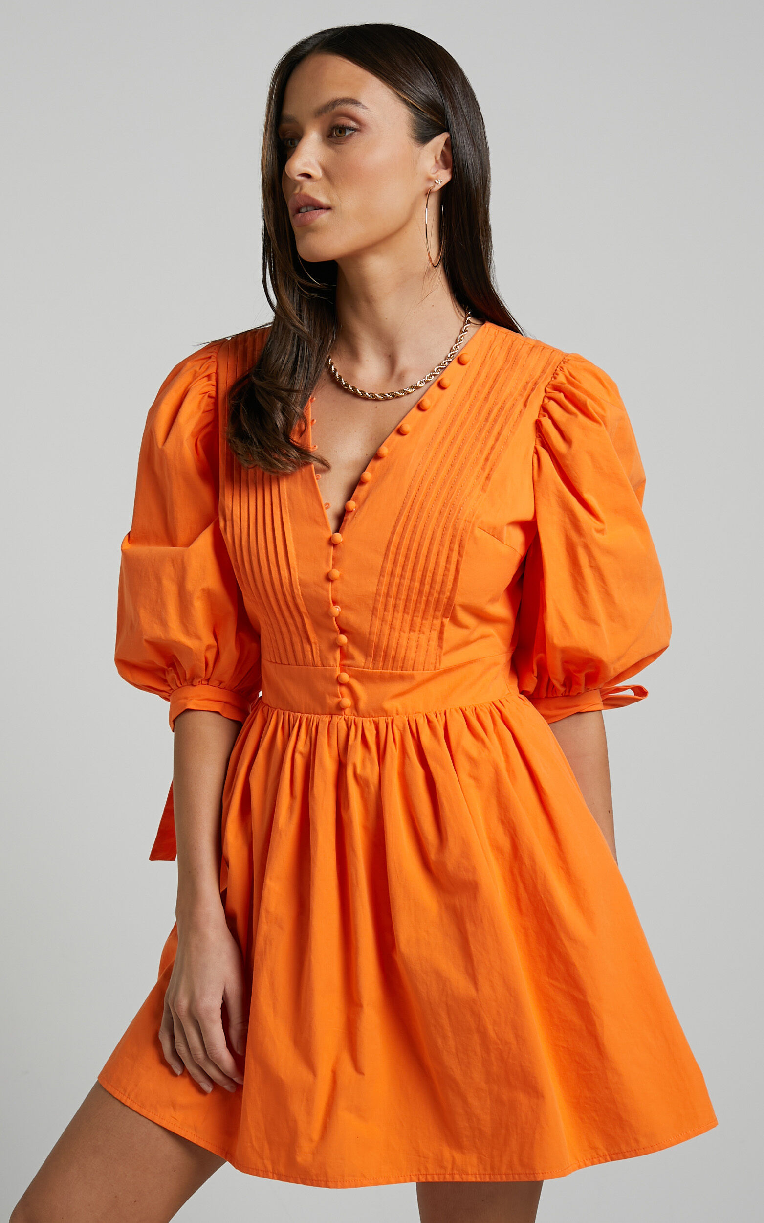 Zandra Mini Dress - Puff Sleeve Poplin in Orange | Showpo