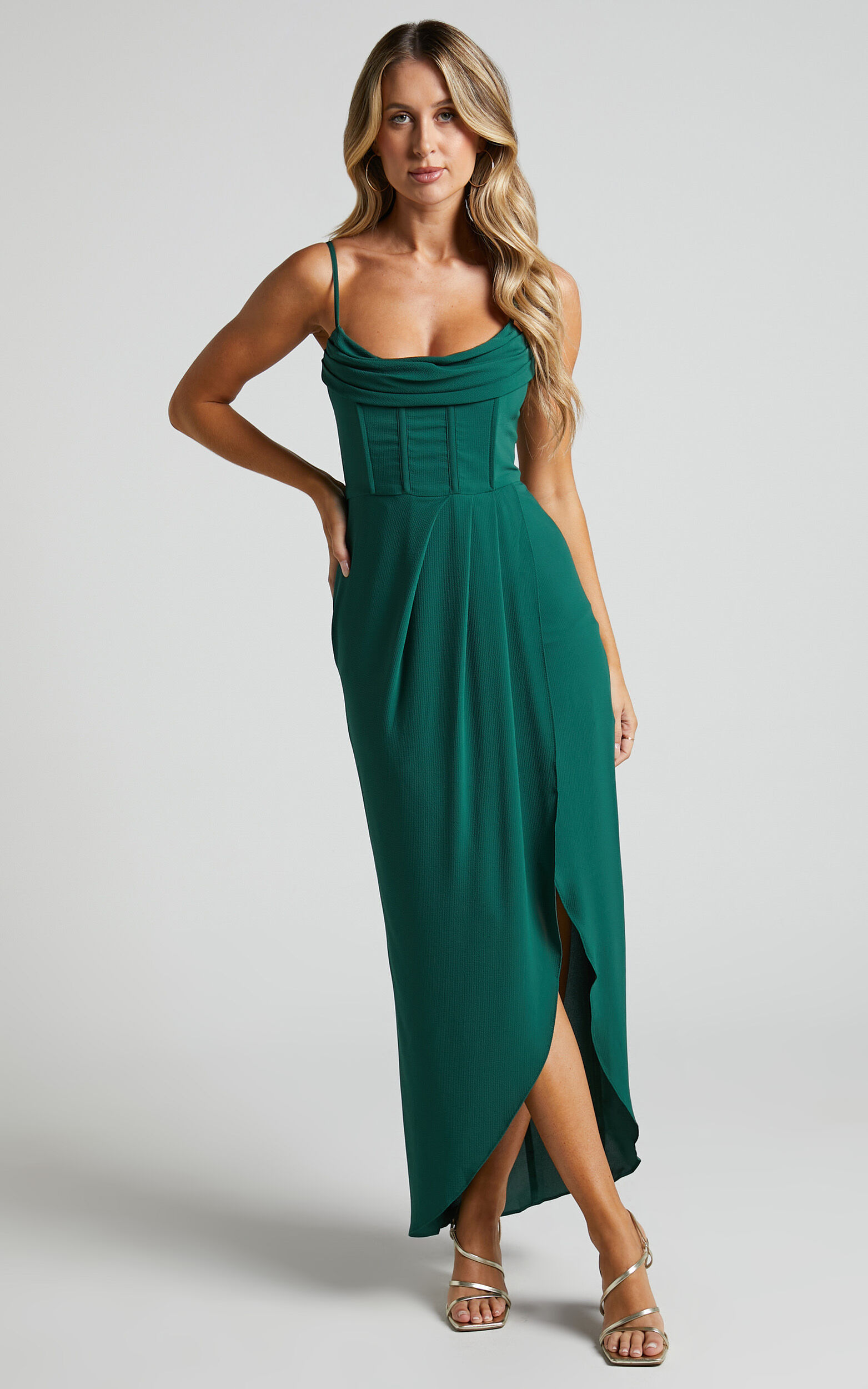 Andrina Midaxi Dress -  High Low Wrap Corset Dress in Forest Green - 04, GRN6