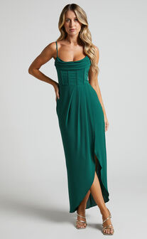 Andrina Midi Dress - High Low Wrap Corset Dress in Forest Green