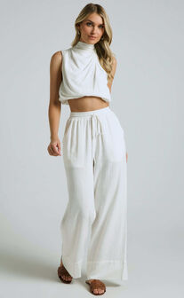 Adalila Pants - Linen Look Wide Leg Relaxed Pants in White