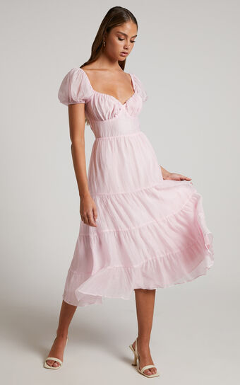 Emiralda Midi Dress - Puff Sleeve Sweetheart Tiered Midi Dress in Pink