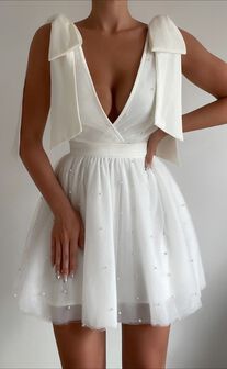 Karalyn Mini Dress - Bow Strap Plunge Pearl Detail Dress in White