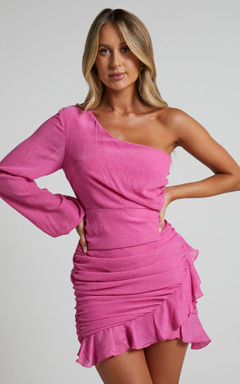 Paige One Shoulder Frill Hem Wrap Skirt Mini Dress in Pink